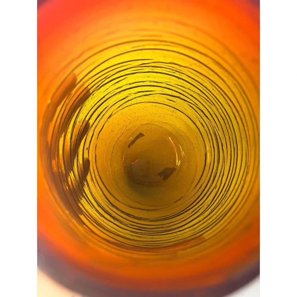 Hand Blown Art Glass Vase Red Amber Ombre Textured Spiral Threading 9.5